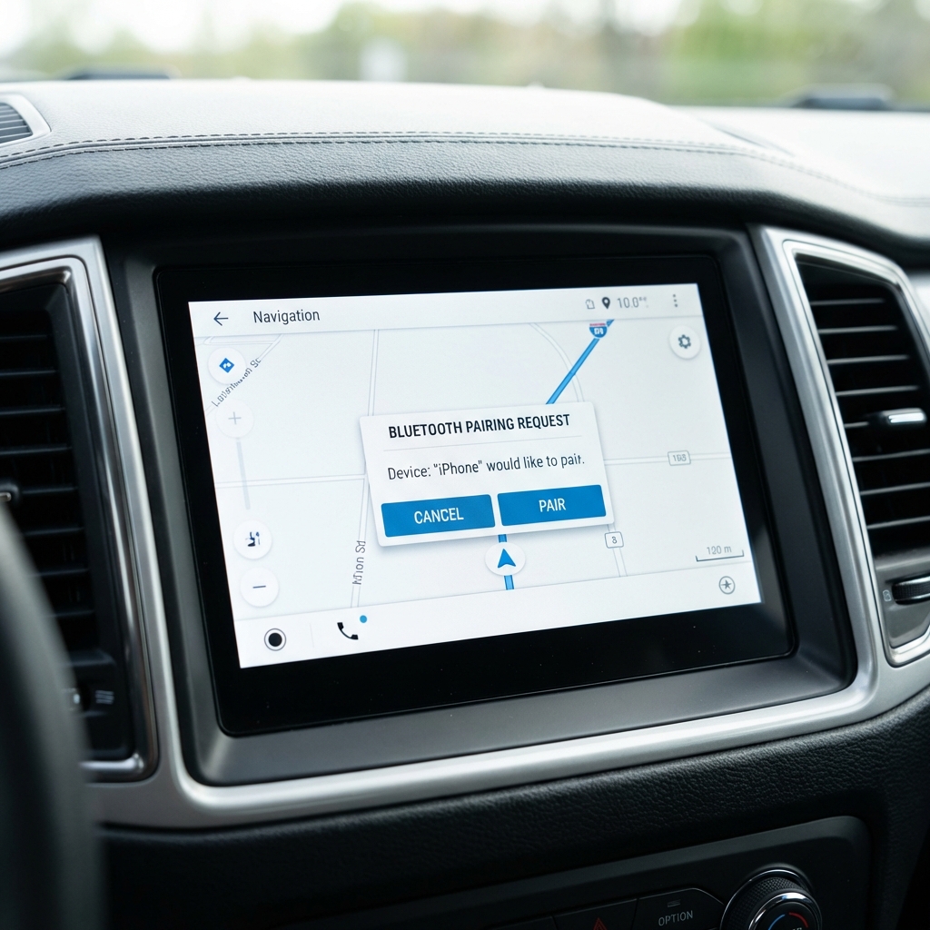 Close up of Kia Telluride touchscreen display in parked SUV showing navigation map and Bluetooth pairing prompt minimalist white background kia telluride for sale