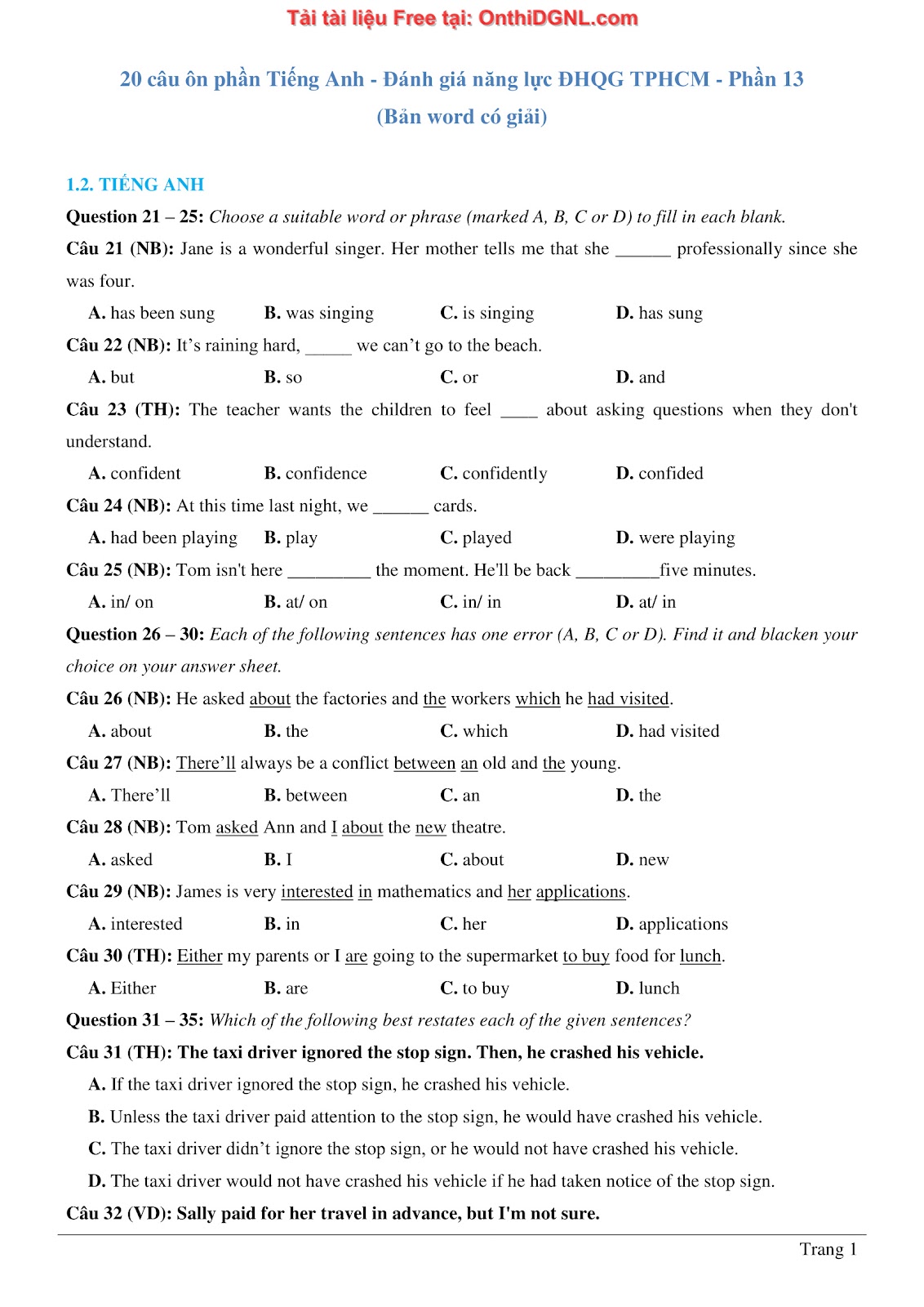 800 bài tập môn Tiếng Anh - Ôn thi ĐGNL ĐHQG TP HCM Phần 13