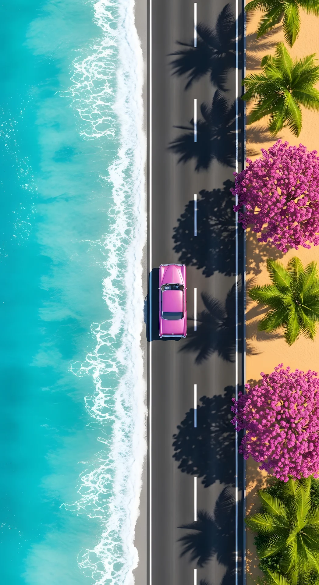 Aerial View Pink Classic Car Coastal Road Turquoise Ocean Tropical - Free 4K mobile Wallpaper