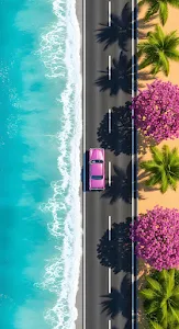 Aerial View Pink Classic Car Coastal Road Turquoise Ocean Tropical