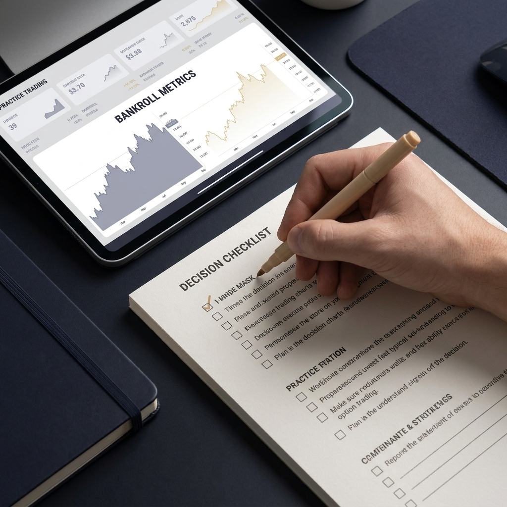 Close up of a hand checking a printed decision checklist beside a tablet displaying simulated bankroll metrics and practice trading charts on a FundedPlays style dark background How FundedPlays Helps Traders Practice Discipline