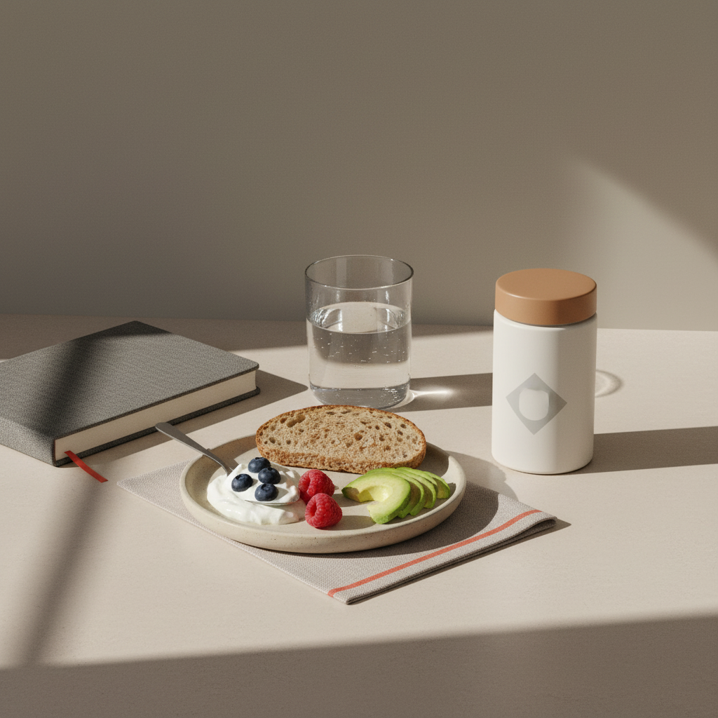 Minimal kitchen scene with a white supplement jar beside a small breakfast plate, water glass and journal, suggesting morning routine and weight loss pills.