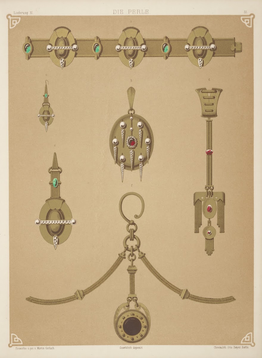 Six Designs For Jewelry Including Gold Brooch With Central Red Stone Pearls And