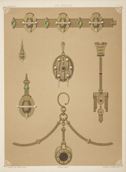Six Designs For Jewelry Including Gold Brooch With Central Red Stone Pearls And