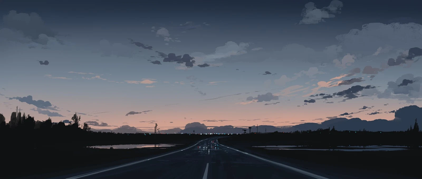 Twilight Drive Into The Distance - Digital Landscape Art 4K Wallpaper (5640x2400)