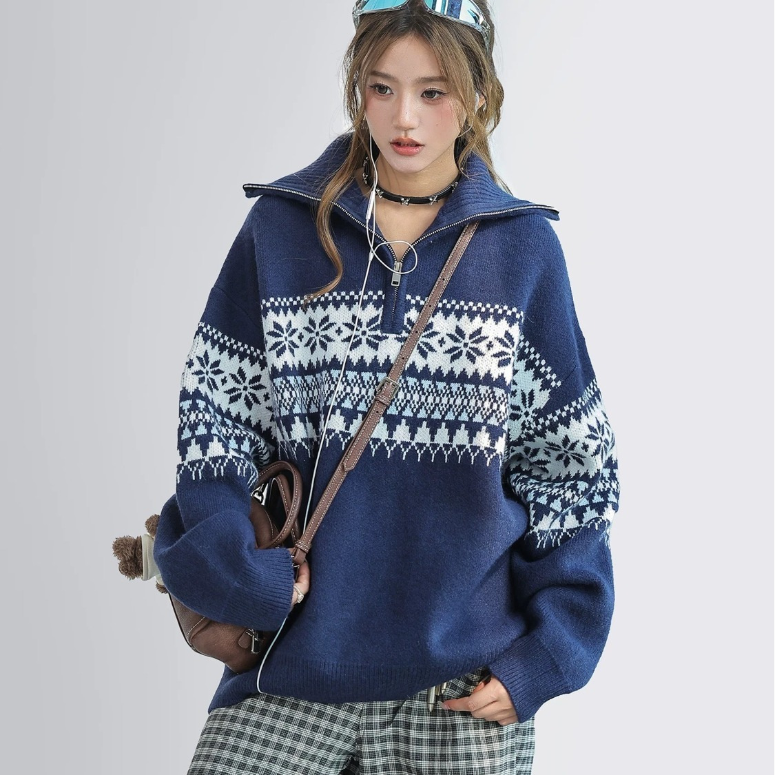 Damen-Strickpullover mit Reißverschluss und Kragen