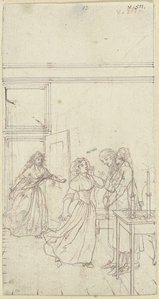 Lovelace steht rechts hinter einem Tisch ca 1796