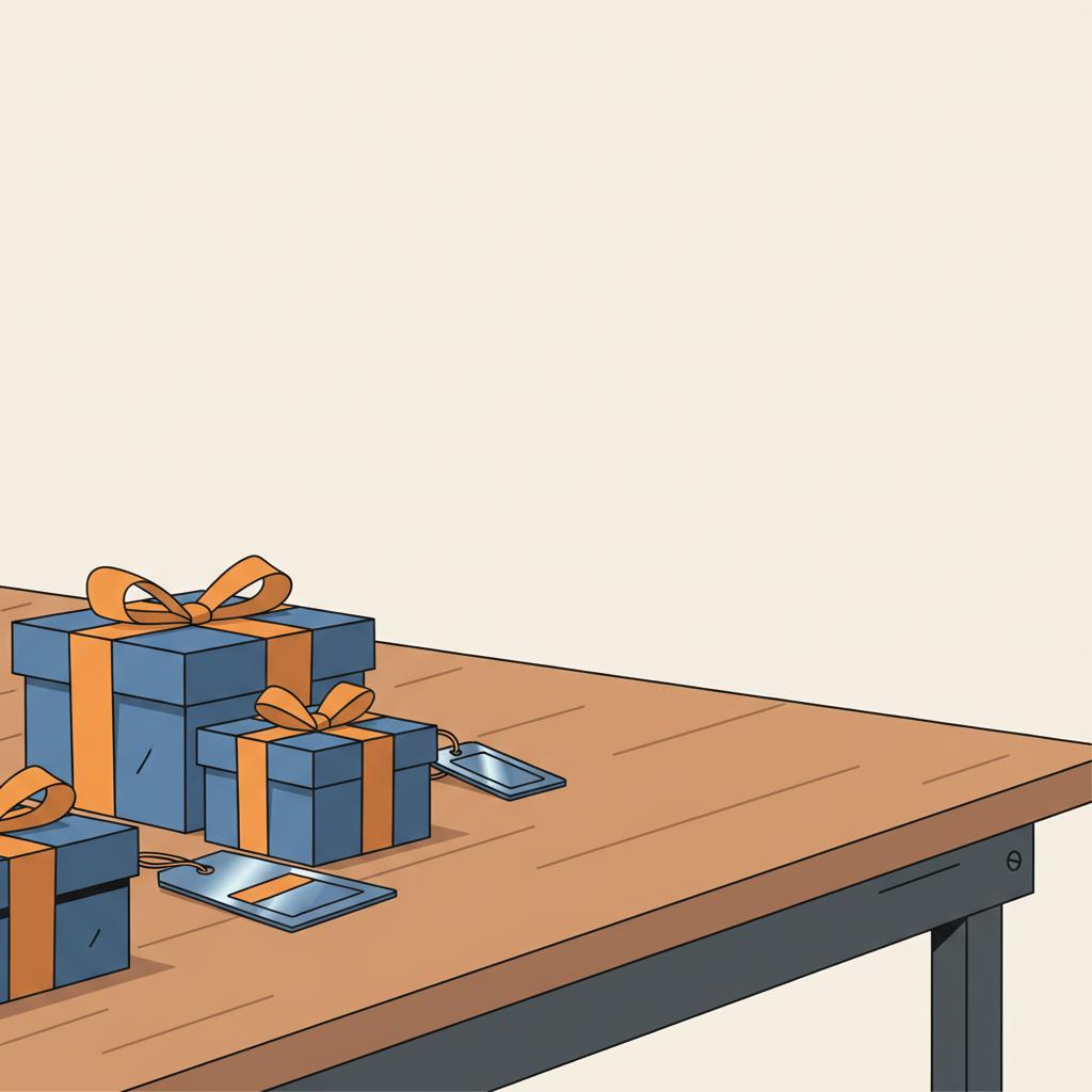 Nahaufnahme eines minimalistischen 2D Vektor-Tisches mit kleinen Geschenkboxen, metallischen Details und warmen Holztönen – Trends 14-jährige Mädchen