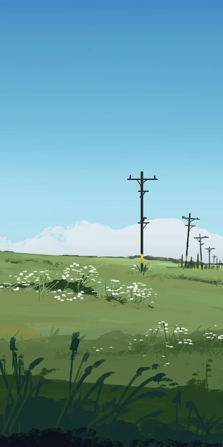 Cartoon Landscape, Power Lines, Green Field, Open Sky 4K Phone Wallpaper