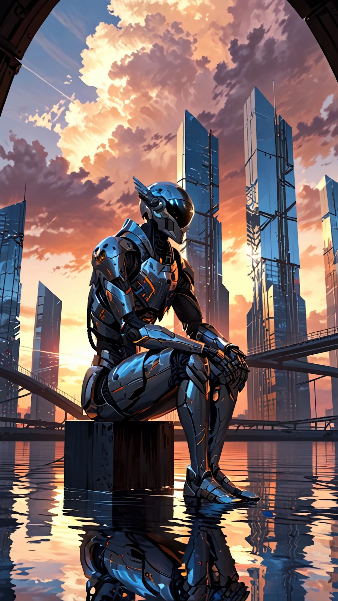 Reflective Robot Sitting on Block in Futuristic City at Sunset - Free 4K mobile Wallpaper