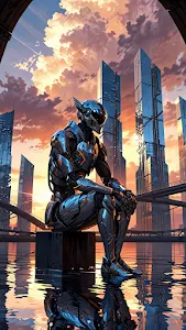 Reflective Robot Sitting on Block in Futuristic City at Sunset