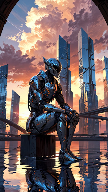 Reflective Robot Sitting on Block in Futuristic City at Sunset - Free mobile Wallpaper