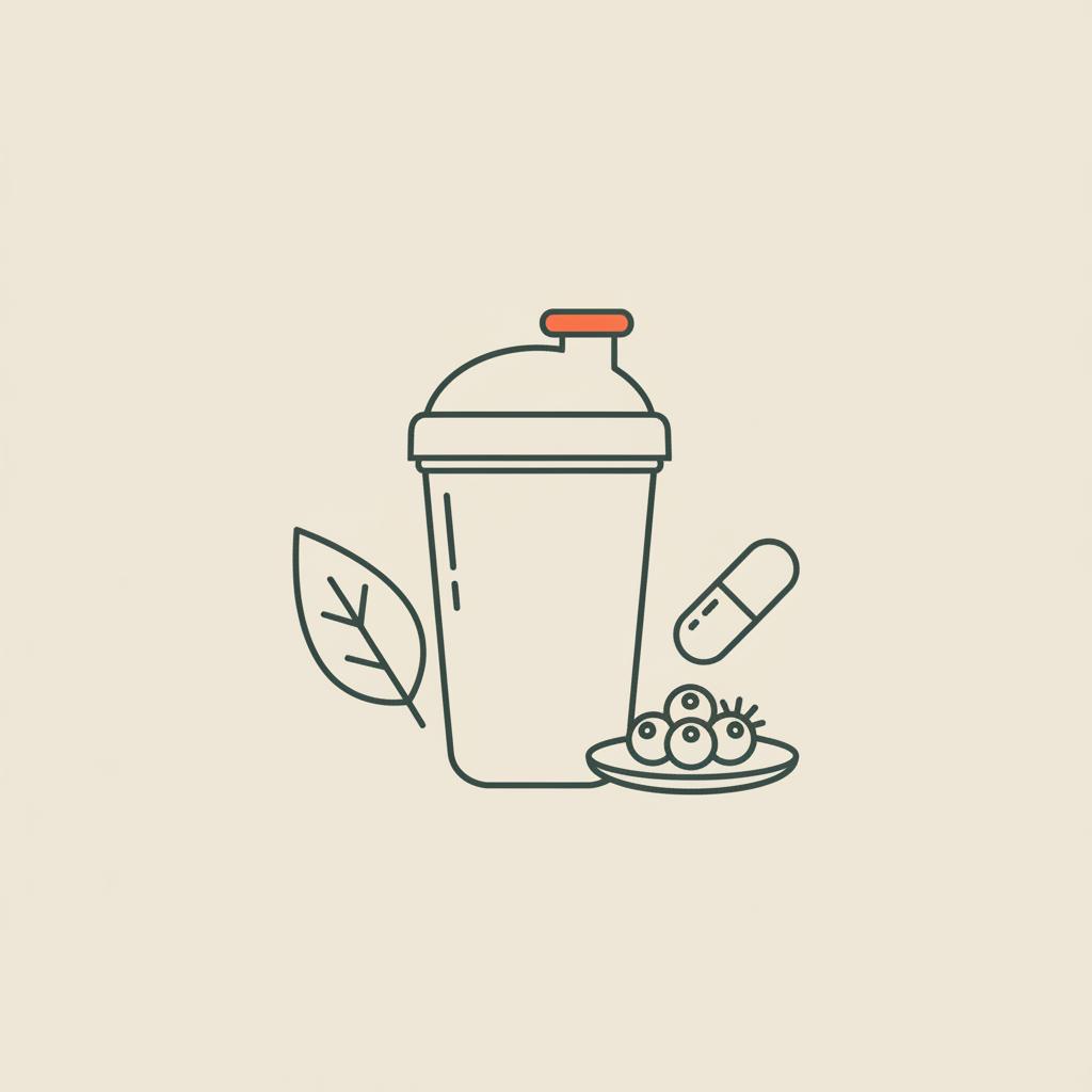 Minimalist vector line illustration of a shaker bottle, plant leaf, capsule and small plate with berries on a beige background — what shake is best for losing weight