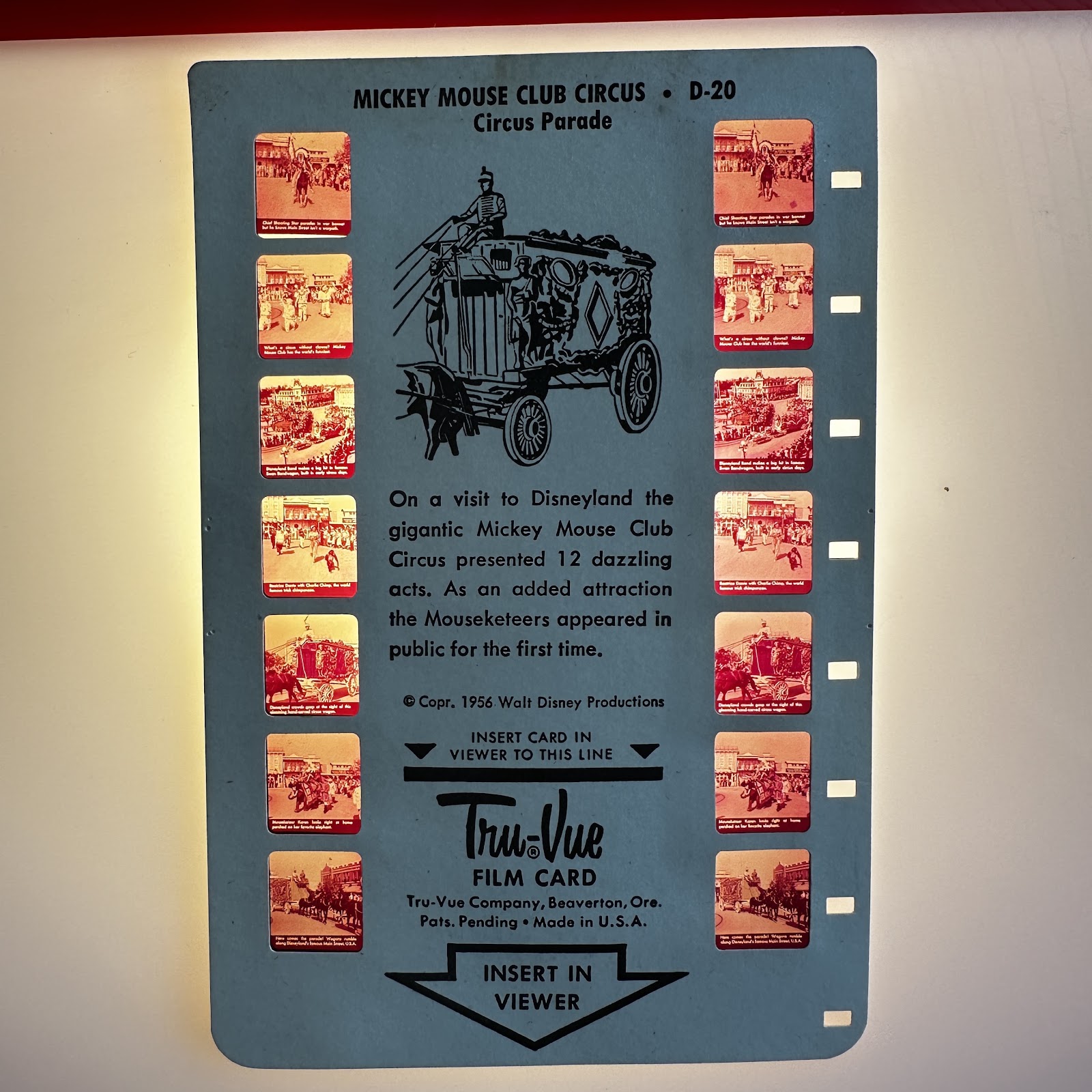 Tru-Vue Mickey Mouse Club Circus film card D-20, cardstock and film transparency strip, 5.5 by 3.25 inches, 1950s Walt Disney Productions