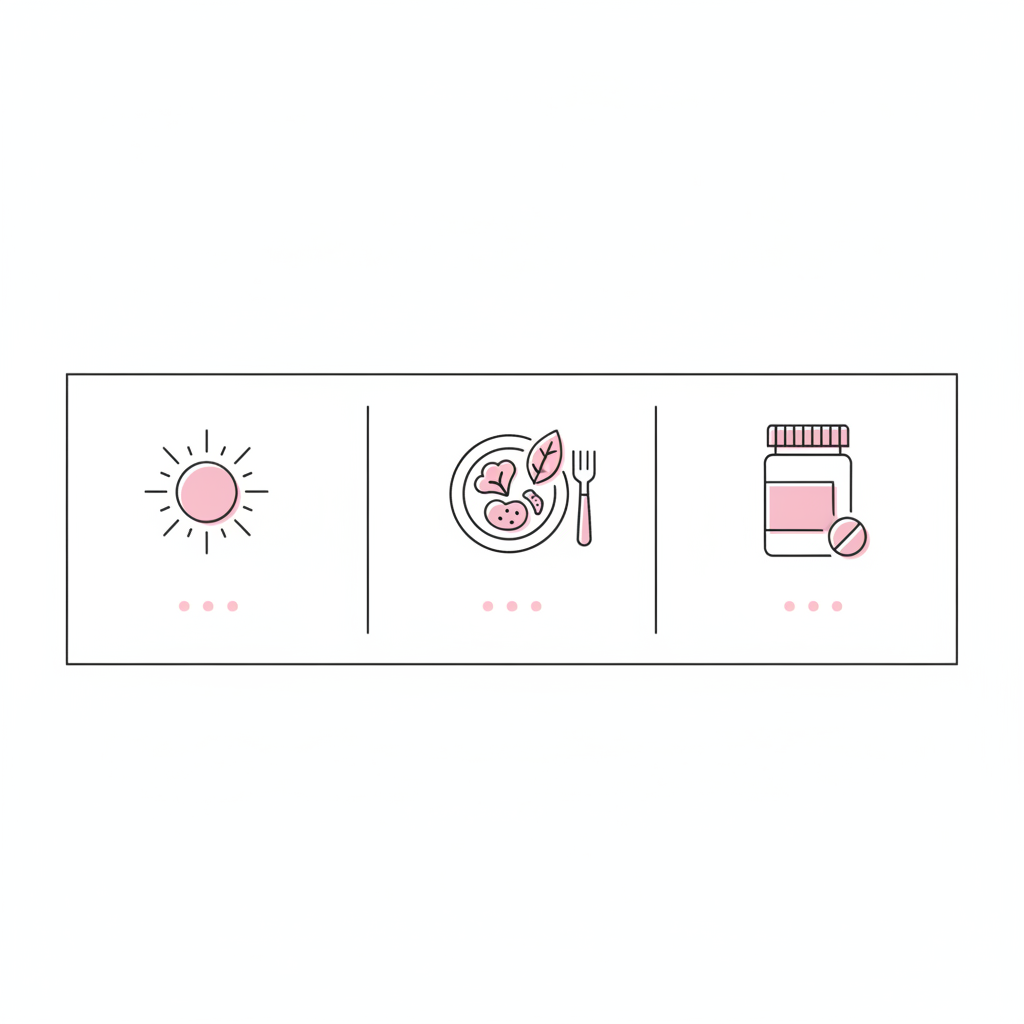Minimalistische 2D-Vektor-Infografik zu Haarausfall Vitamin D mit drei Icons: Sonne, gesunde Nahrung und Supplemente, weißer Hintergrund und Akzente in #f57fb6.
