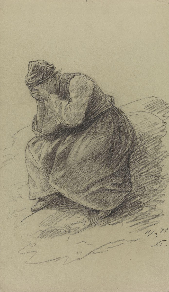 Sittende ung pike med hodet i hendene 1875