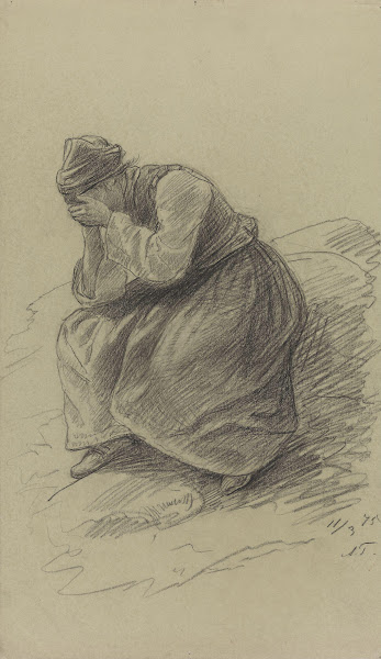 Sittende ung pike med hodet i hendene 1875