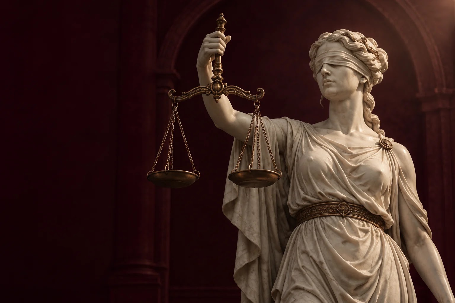Patung Lady Justice dari marmer dengan timbangan kuningan.