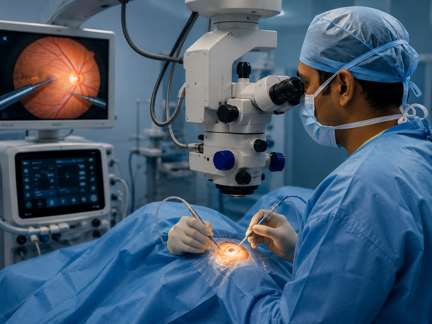 Retina surgeon performing vitrectomy in the modular retina theatre at Dayal Eye Centre