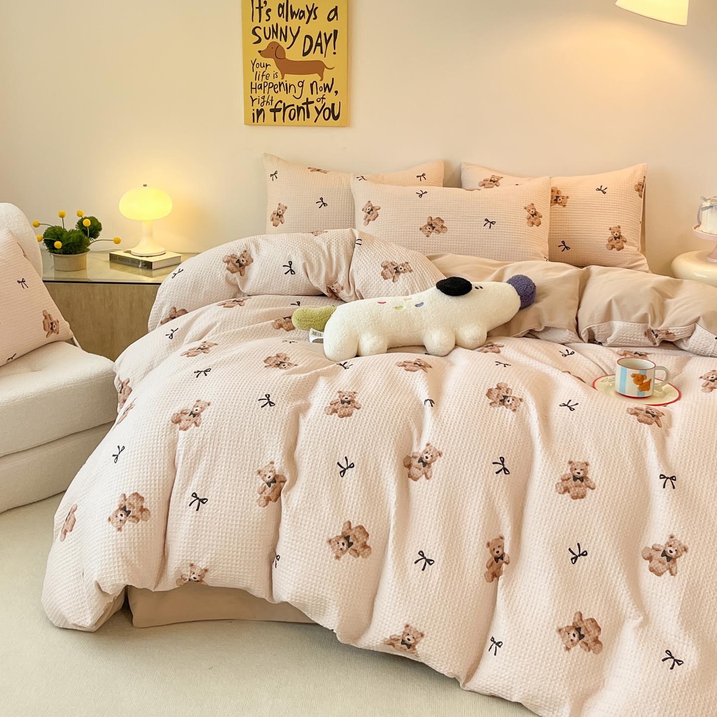 Cotton bedding set with waffle pattern, 100% cotton