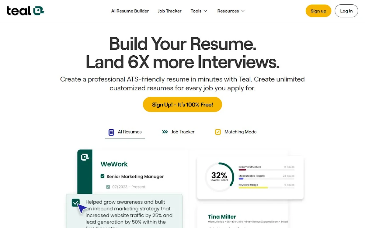 Captura de Teal Resume Builder