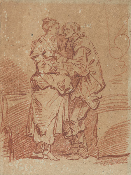An old man with a bag of money embracing a young woman