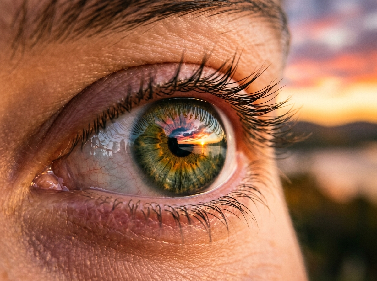 Regard harmonieux après kératopigmentation, couleur d'iris naturelle en lumière diffuse