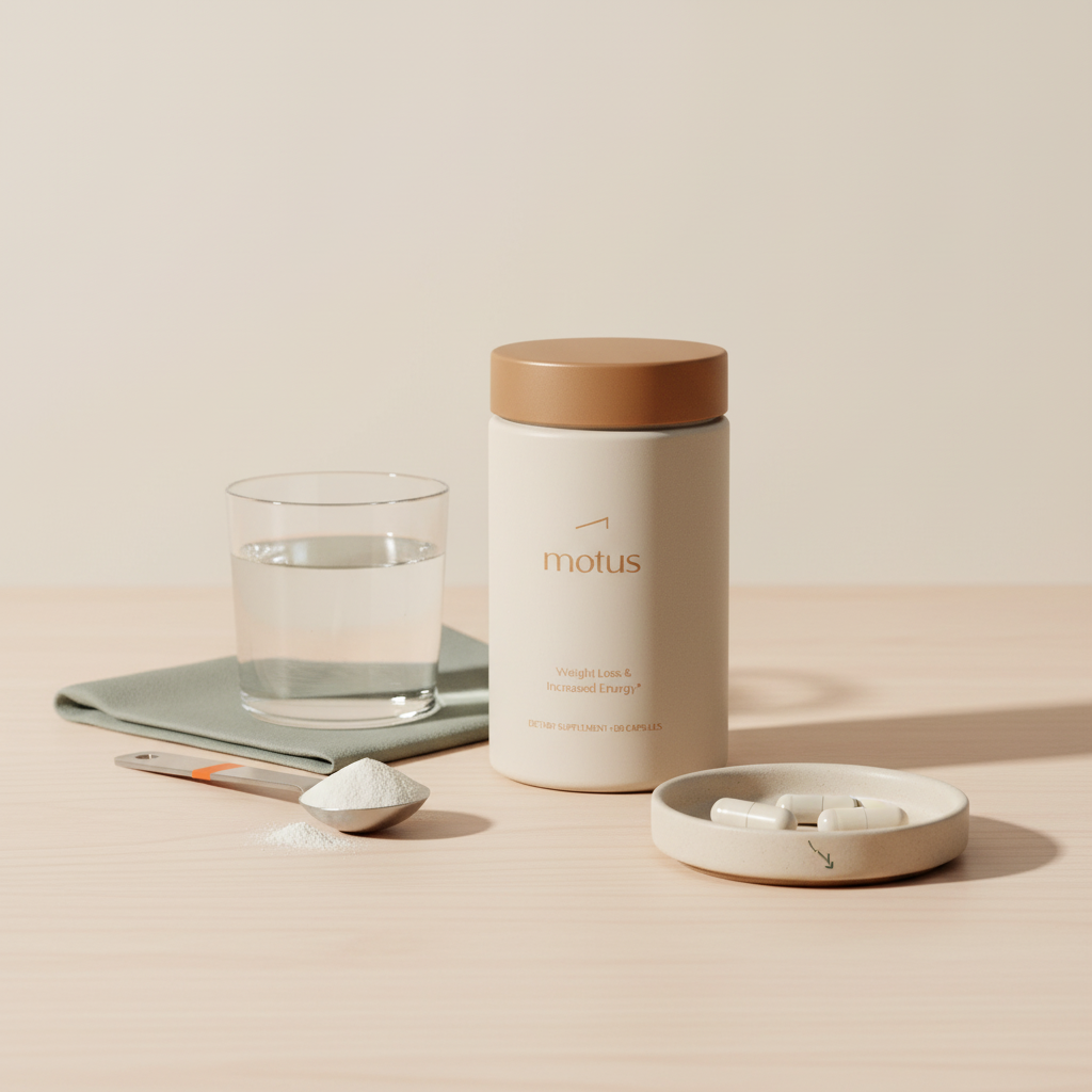 Minimalist still-life of Motus supplement jar with measuring spoon, glass of water and small dish of capsules on wooden tabletop against beige background, fat burning supplements