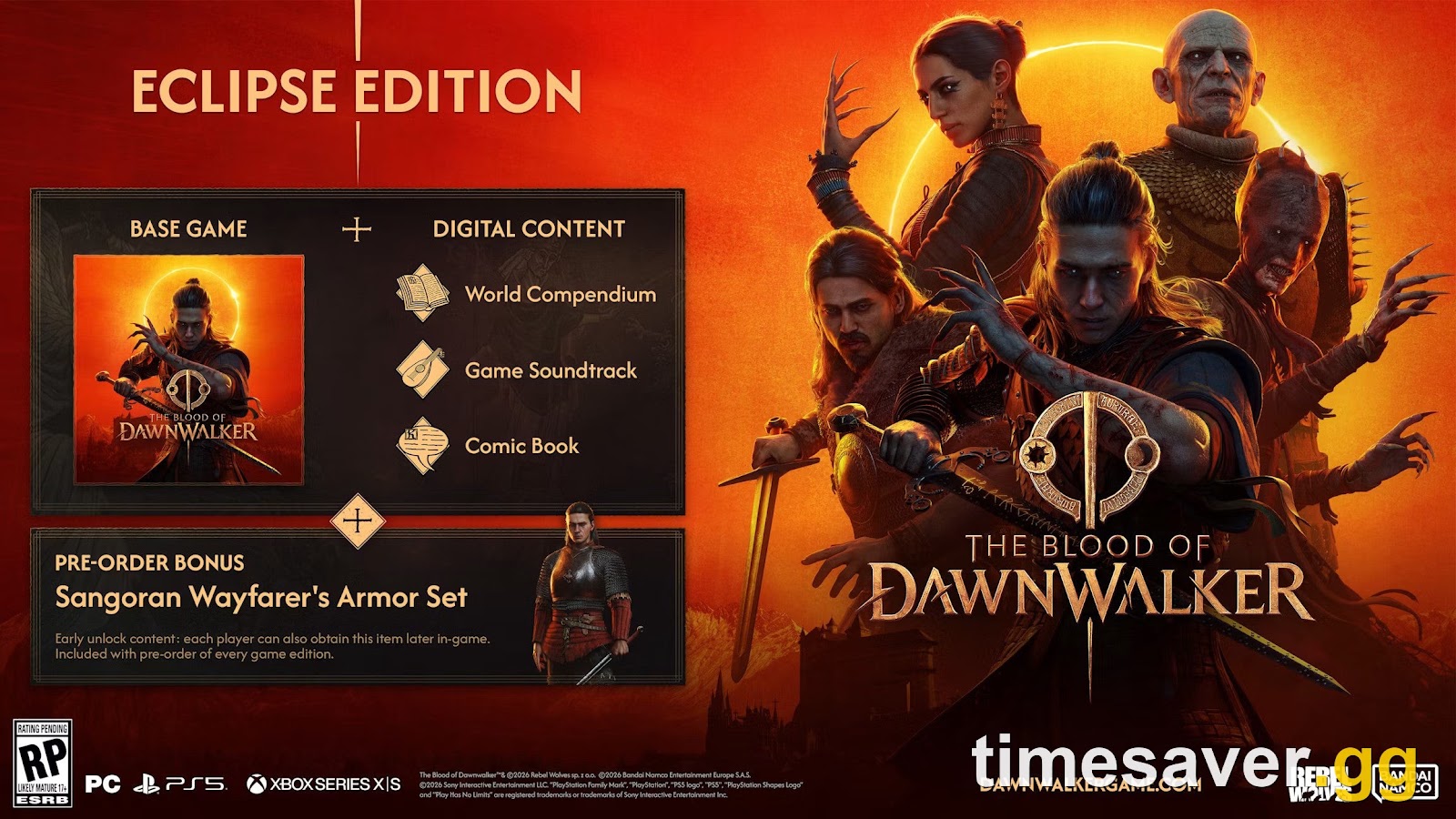 The Blood of Dawnwalker Eclipse Edition promo — the base game plus the Digital World Compendium, Game Soundtrack and Comic Book, with the Sangoran Wayfarer's Armor Set pre-order bonus