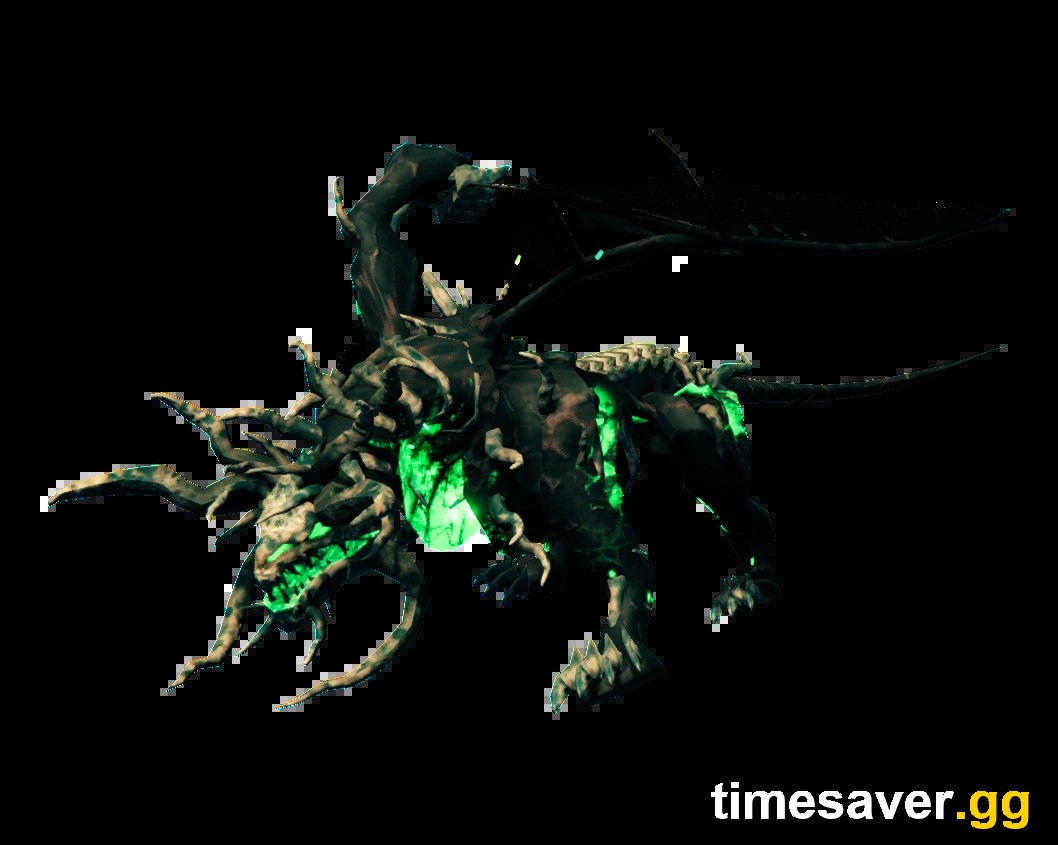 Fader, Valheim's seventh boss, a charred skeletal dragon glowing green