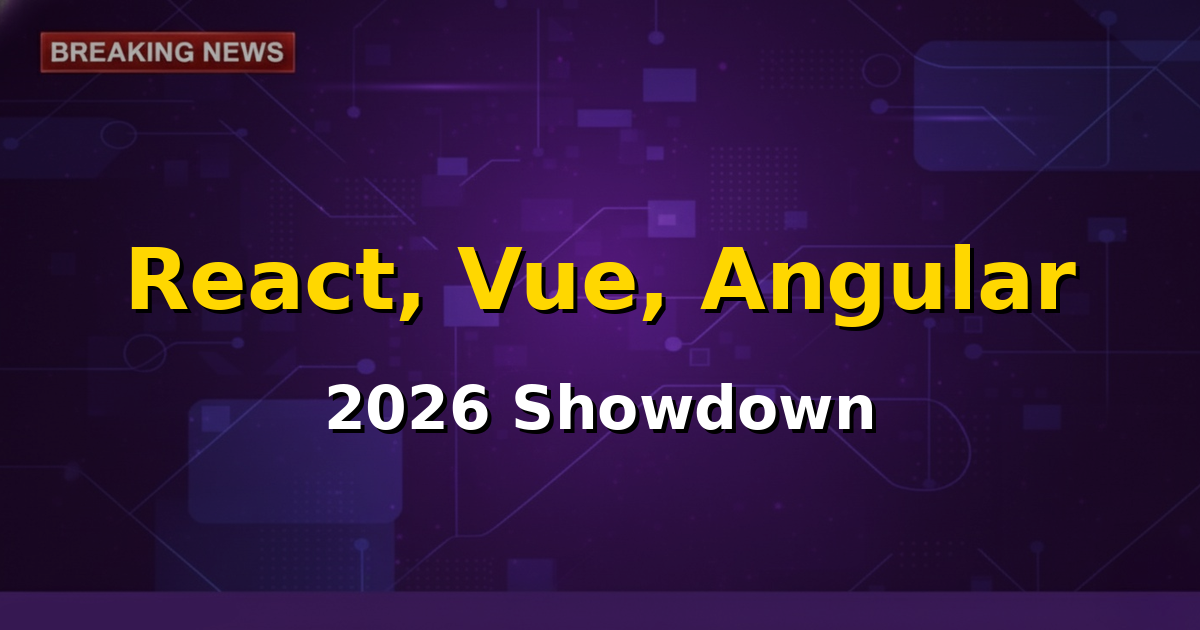 Three distinct logos representing React, Vue, and Angular, signaling a comparison of modern frontend frameworks in 2026.
