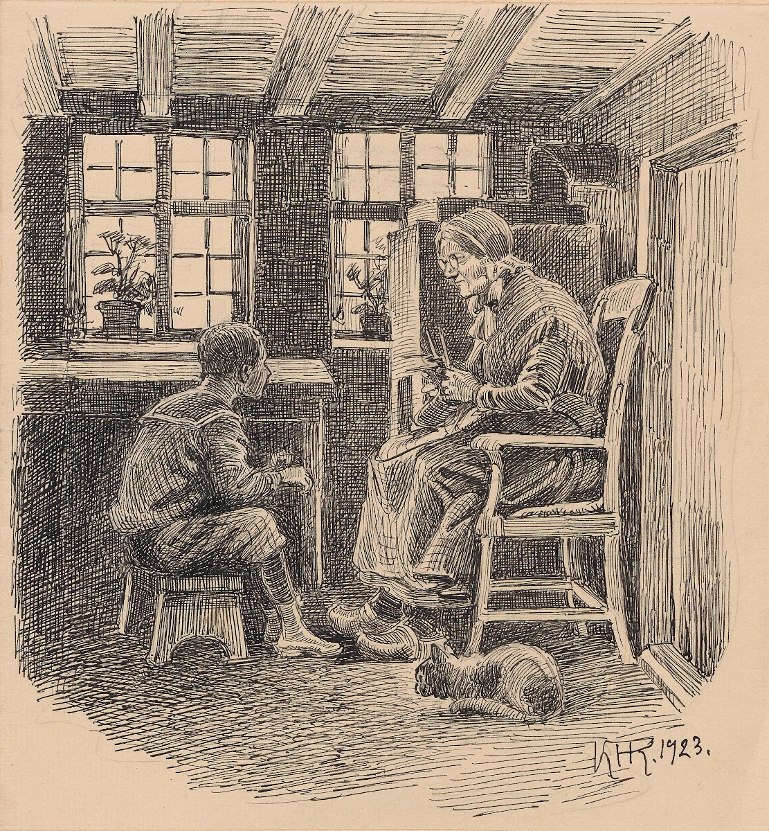Little boy talking to an elderly woman who is knitting 1924