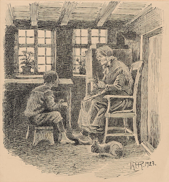 Little boy talking to an elderly woman who is knitting 1924
