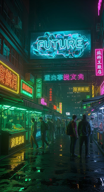 Cyberpunk Marketplace with Digital Advertising - Free mobile Wallpaper