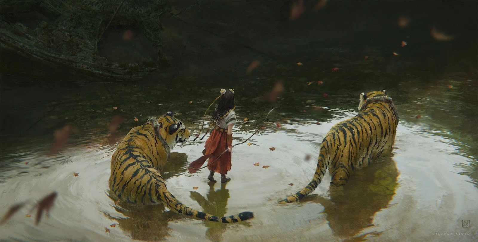 Girl Walking With Guardian Tigers - Digital Concept Art 4K Wallpaper (5596x2835)