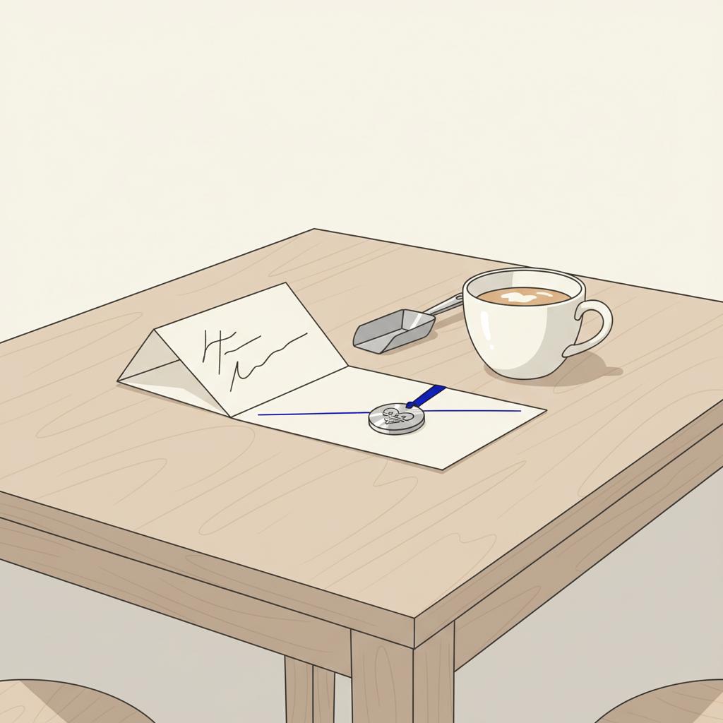 Danksagung Hebamme: Nahaufnahme eines gedeckten Holztisches mit nicht lesbarer handschriftlicher Karte, graviertem Metallanhänger und Tasse Kaffee in warmer minimalistischer 2D-Vektorästhetik
