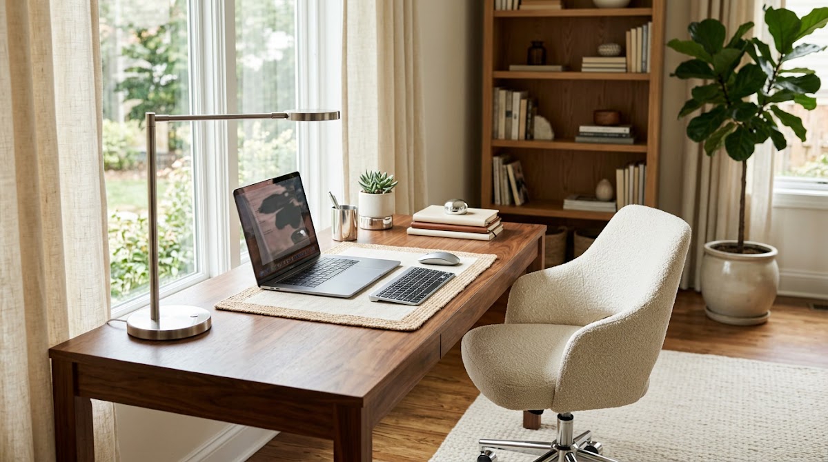 How to Make Chrome Home Office Accessories Work With a Wood Desk - chrome side table beside walnut furniture in a living room