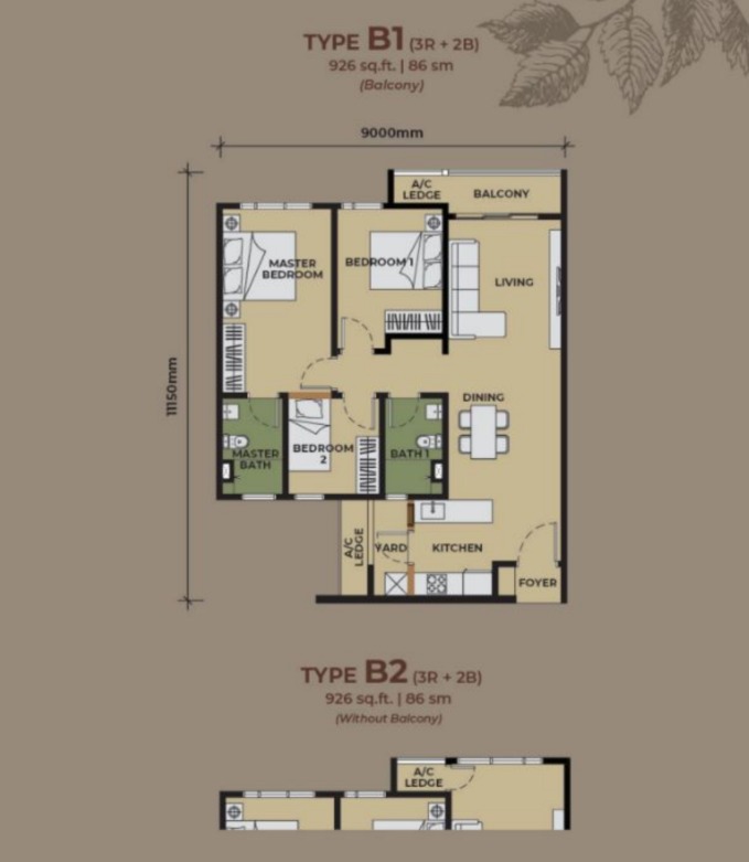 The Aldenz Type B2 floor plan — 813 sq ft, 2 bedrooms