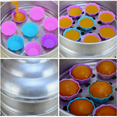Lược hỗn hợp làm bánh cupcake caramel qua rây cho mịn. Sau đó đổ vào các khuôn cupcake đã chuẩn bị sẵn. Đặt khuôn cupcake đã chua bột vào xửng hấp (hoặc lò hấp), đậy kín nắp vung và đun sôi khoảng 15-20 phút.