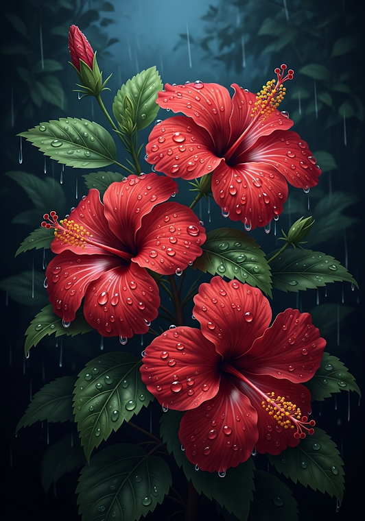 Dramatic Red Hibiscus in Rain