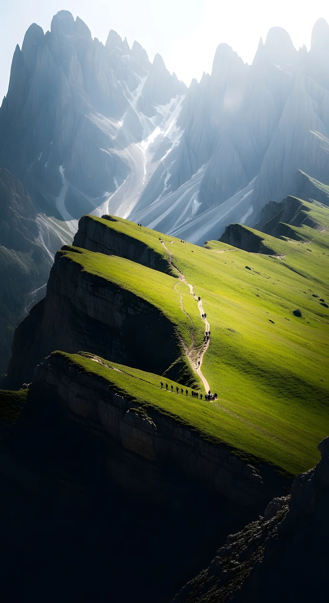 Hikers Ascending Green Alpine Ridge with Jagged Mountains - Free 4K mobile Wallpaper