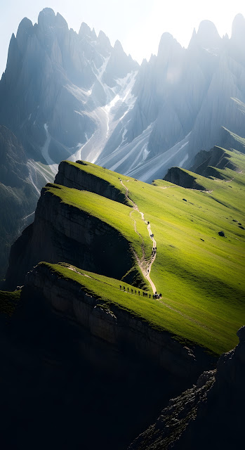 Hikers Ascending Green Alpine Ridge with Jagged Mountains - Free mobile Wallpaper