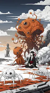 Surreal Sci Fi Horror Manga Scene with Grotesque Alien Creatures