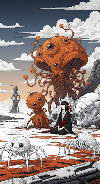 Surreal Sci Fi Horror Manga Scene with Grotesque Alien Creatures - Free mobile Wallpaper