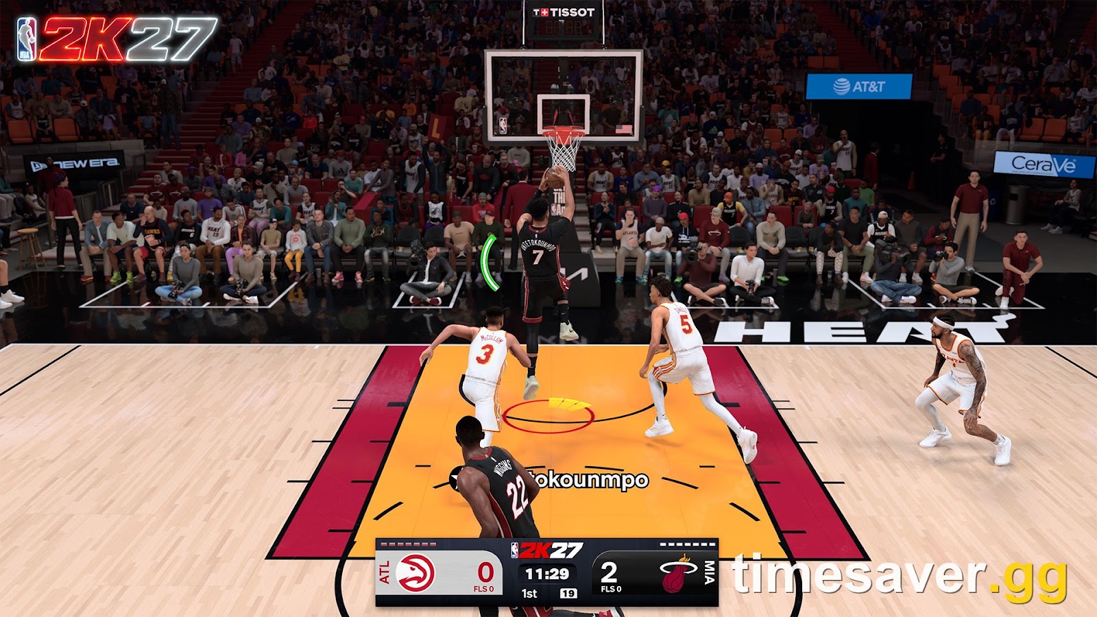 NBA 2K27 shot meter shown as a green timing arc while a player finishes at the rim