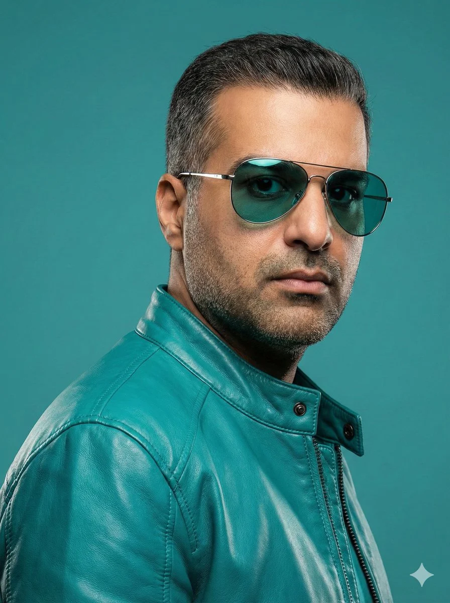 Hombre elegante en alta definición con chaqueta de cuero color turquesa