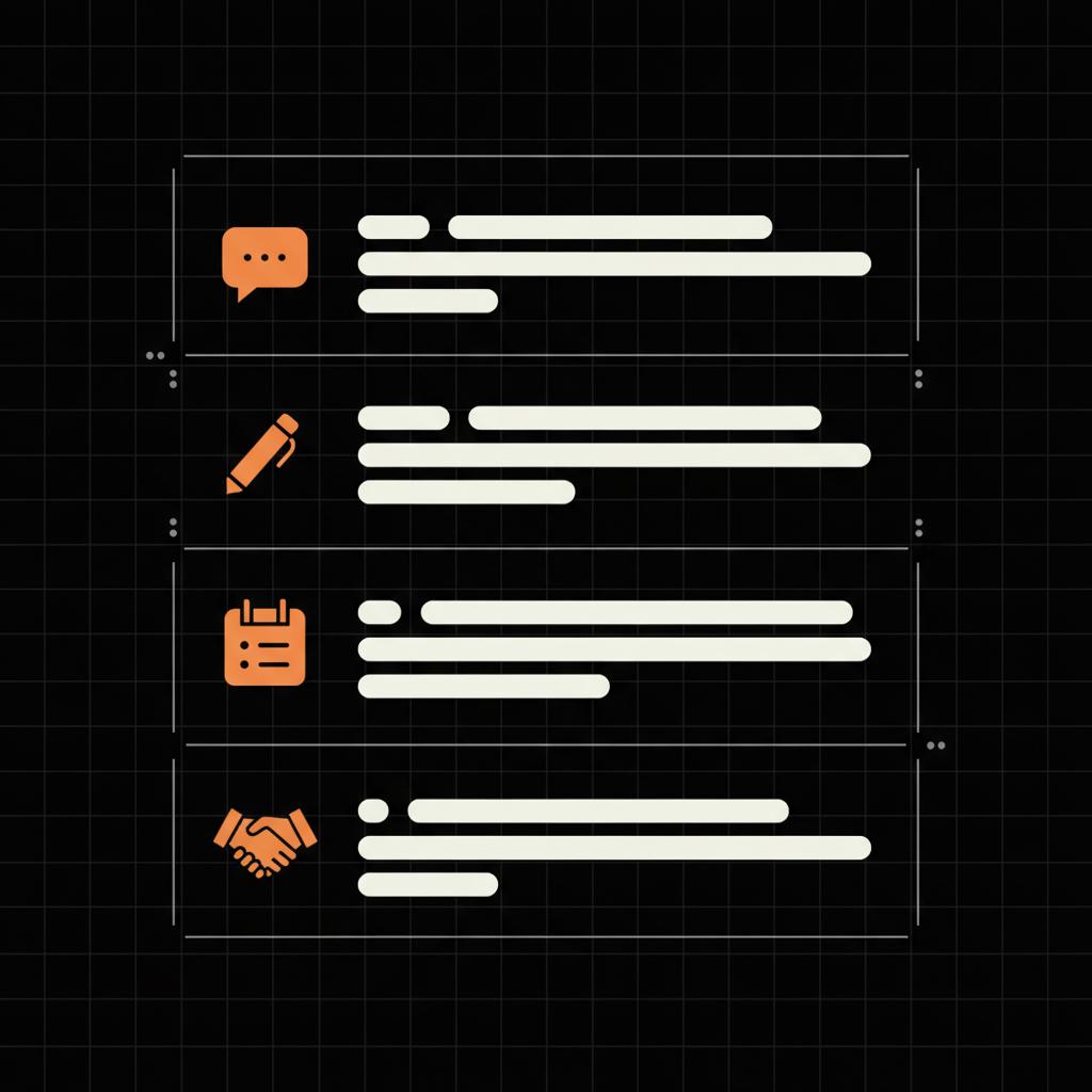 Minimal 2D vector infographic with four stacked blocks and icons illustrating a four-paragraph reply template — how do i reply to a reviewer
