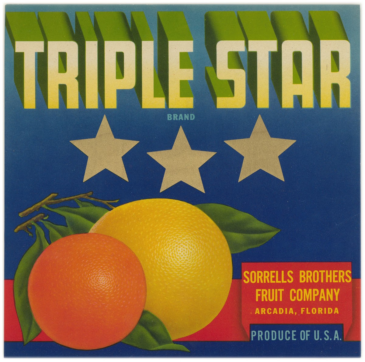 Triple Star Brand Citrus Label 1930 1950
