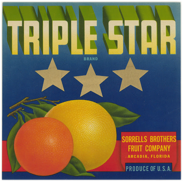 Triple Star Brand Citrus Label 1930 1950