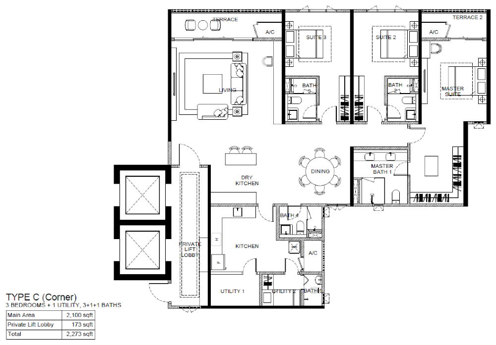 The Ashbourne Type C(Corner) floor plan, about 2273 sq ft